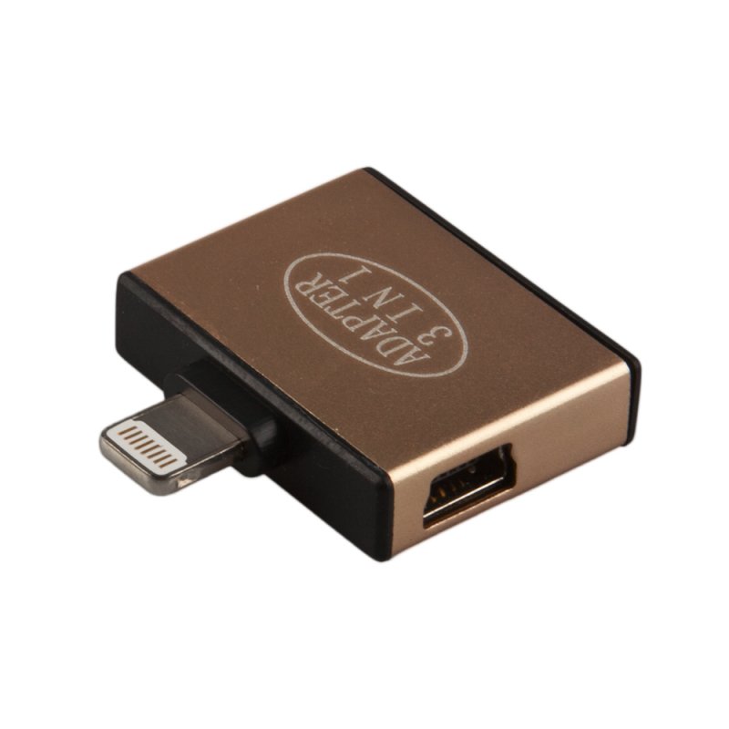 Адаптер Lightning 8-pin на Apple 30-pin/MicroUSB/MiniUSB, 3в1 (желтый/коробка)