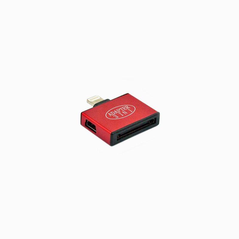 Адаптер Lightning 8-pin на Apple 30-pin/MicroUSB/MiniUSB, 3в1 (красный/коробка)
