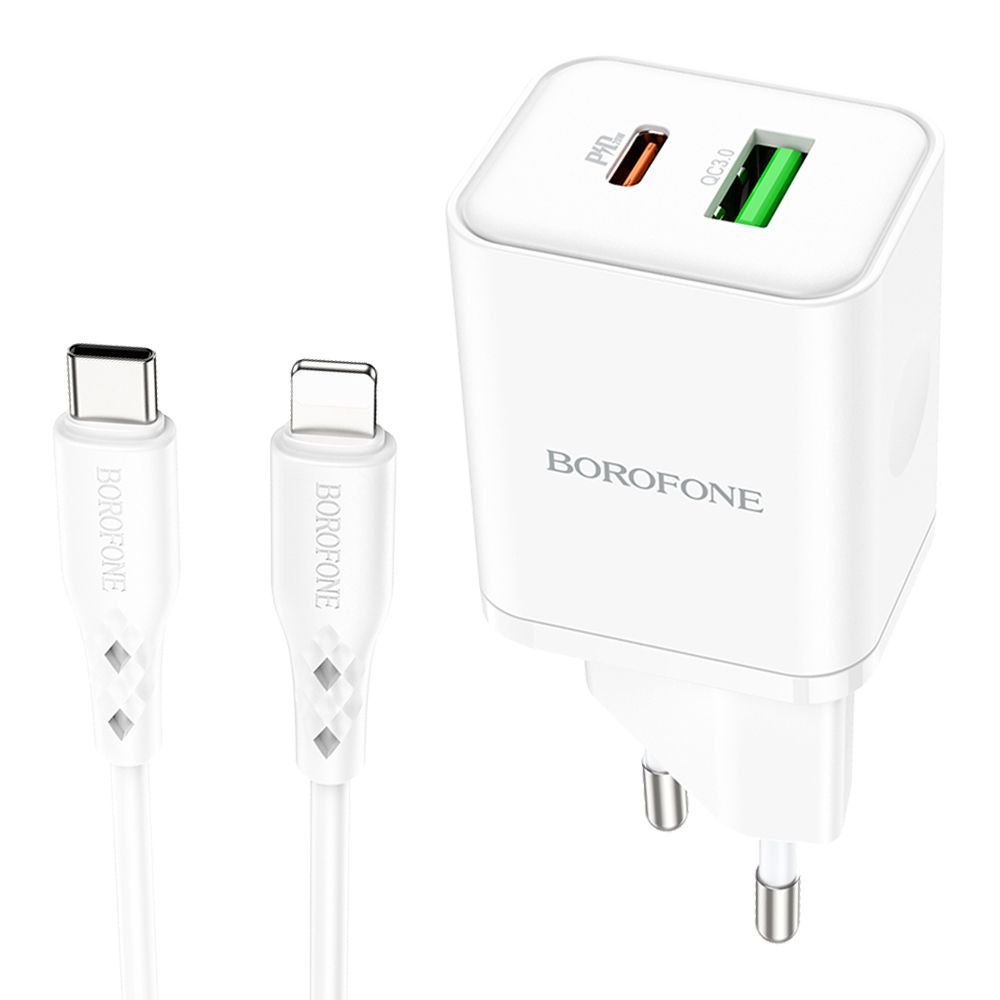 СЗУ BOROFONE BN7 1xUSB, 1xUSB-C, QC3.0, PD20W, 3А + USB-C кабель Lightning 8-pin, 1м (белый)