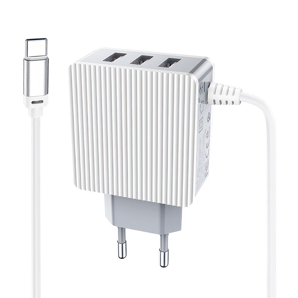 СЗУ BOROFONE BA42A Joyful 3xUSB 3.1А, интегрированный кабель Type-C, 1м (белый)