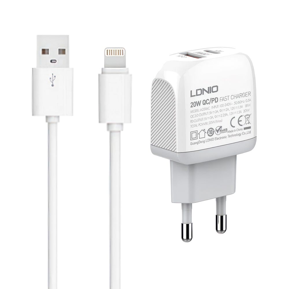 СЗУ LDNIO A2316C 1xUSB, 1xUSB-C, 3А, PD20W, QC3.0 + USB кабель Lightning 8-pin, 1м (белый)