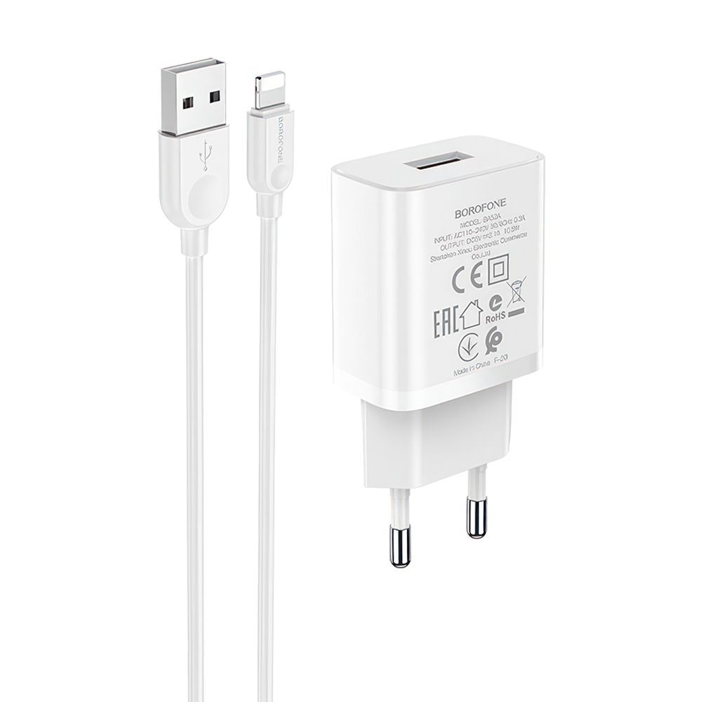 СЗУ BOROFONE BA52A Gamble 1xUSB, 2.1А + кабель Lightning 8-pin, 1м (белый)