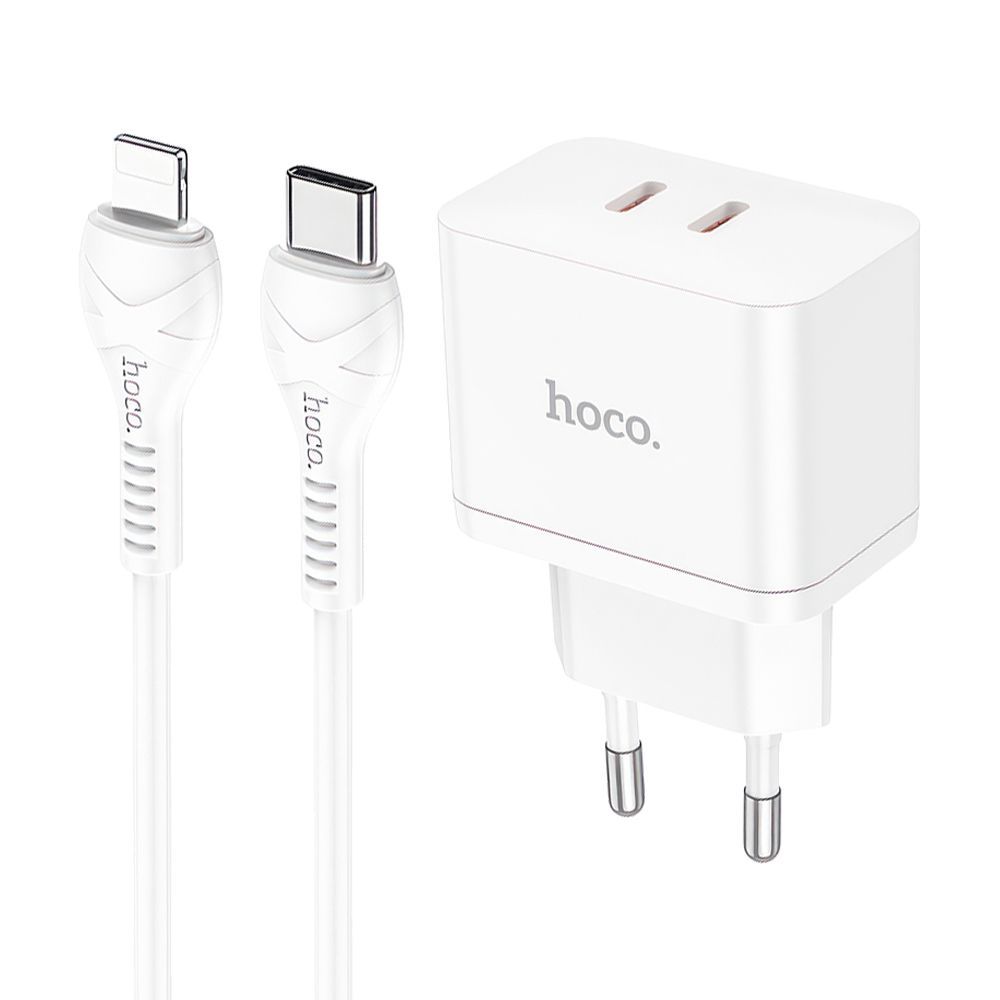 СЗУ HOCO N29 Triumph 2xUSB-C, 3А, PD35W, QC3.0, GaN + USB-C кабель Lightning 8-pin, 1 м (белый)