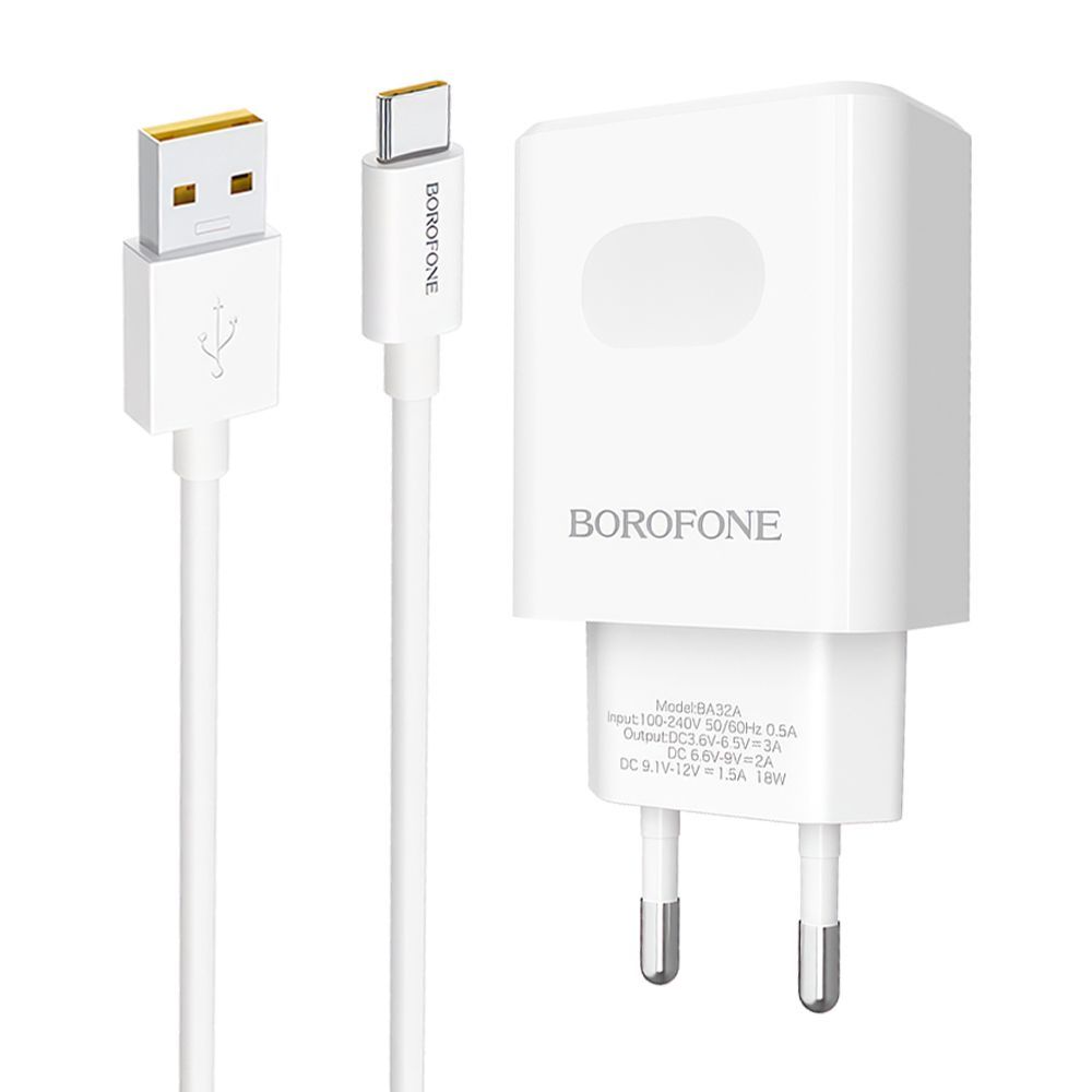 СЗУ BOROFONE BA32A Bright Power 1xUSB QC3.0, 18W, 3А + кабель Type-C, 1м (белый)
