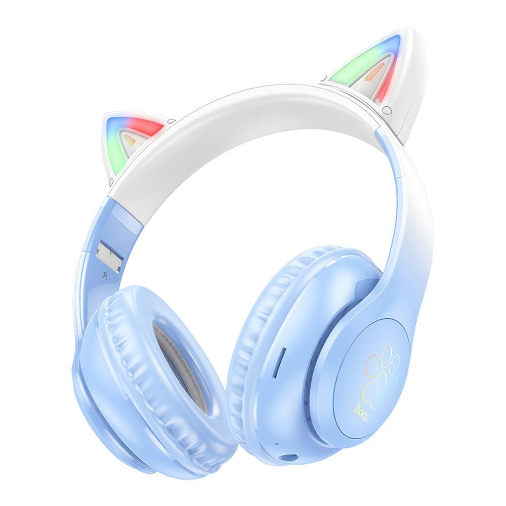Bluetooth гарнитура HOCO W42 Cat Ears BT 5.3, AUX, накладная, громкость +/-, LED, "ушки" (голубой)