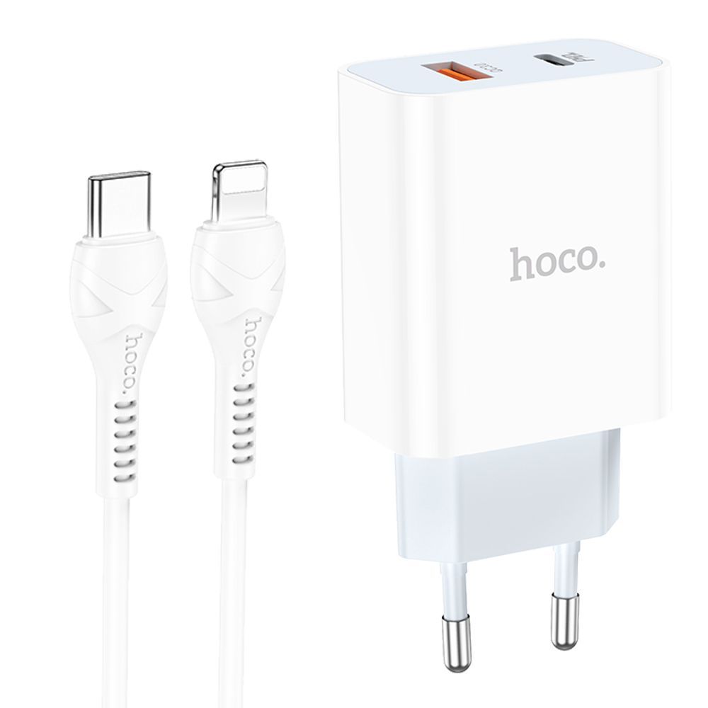 СЗУ HOCO C97A 1xUSB, 1xUSB-C, 3А, PD20W, QC3.0 + USB-C кабель Lightning 8-pin, 1 м (белый)
