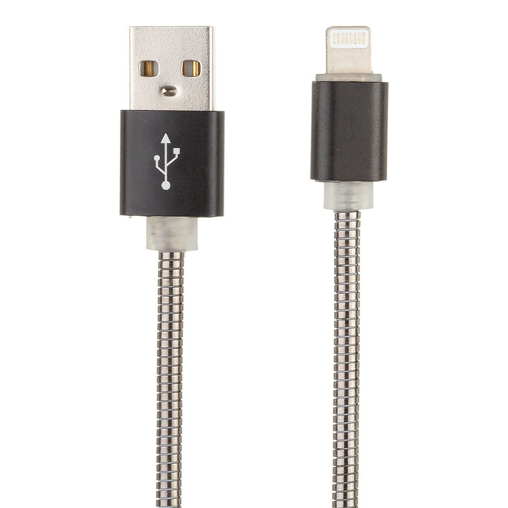 USB кабель "LP" для Lightning 8-pin Металлическая оплетка 1м. (черный/европакет)