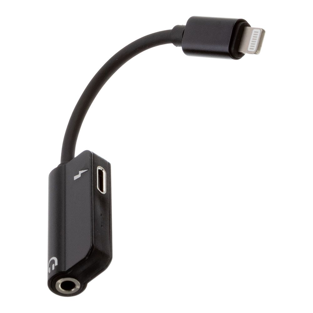 Аудио адаптер "LP" Lightning 8-pin на Lightning 8-pin/3.5мм, зарядка и аудио, 0.12м, TPE (черный/европакет)