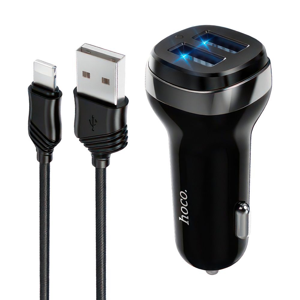 АЗУ HOCO Z40 Superior 2xUSB, 2.4А, LED + USB кабель Lightning 8-pin, 1м (черный)