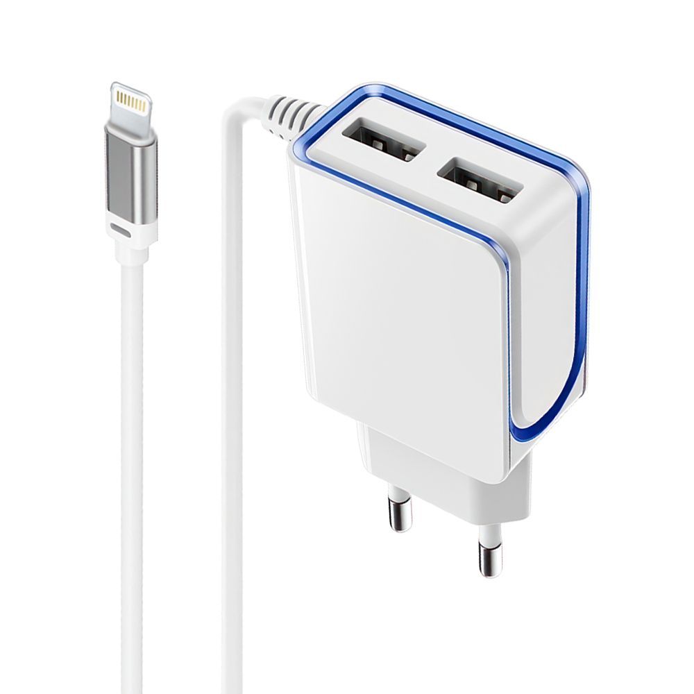 СЗУ BOROFONE BA35 Brilliant 2xUSB, 2.1А, интегрированный кабель Lightning 8-pin, 1м (белый)