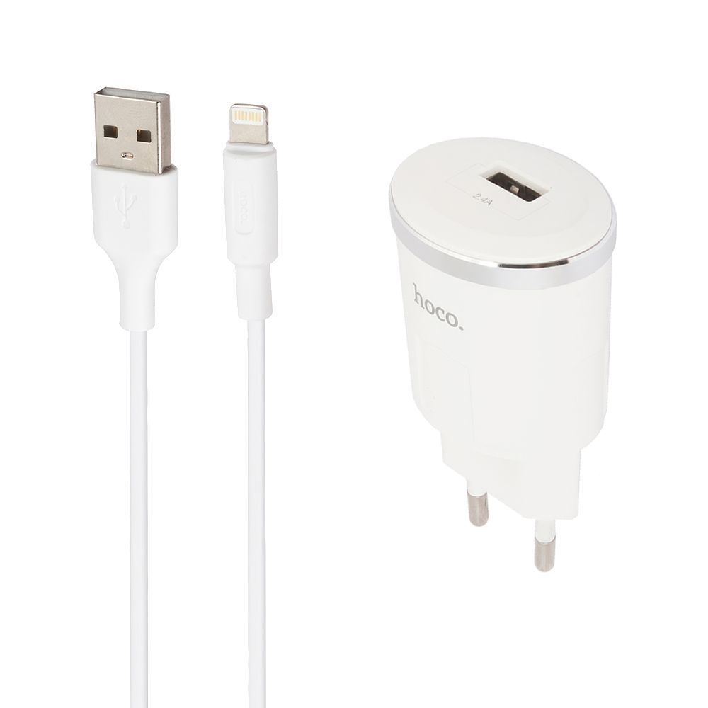 СЗУ HOCO C37A Thunder Power 1xUSB, 2.4А + USB кабель Lightning 8-pin, 1м (белый)