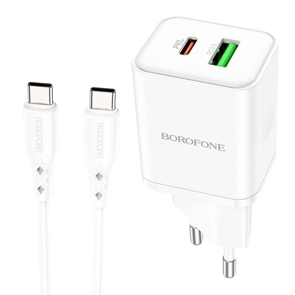 СЗУ BOROFONE BN7 1xUSB, 1xUSB-C, QC3.0, PD20W, 3А + USB-C кабель Type-C, 1м (белый)