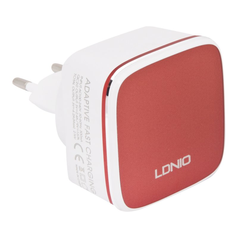 СЗУ "LDNIO" 2 USB выхода 2.4А Quick Charge 2.0 + кабель для Lightning 8-pin A2405Q (белая/коробка)