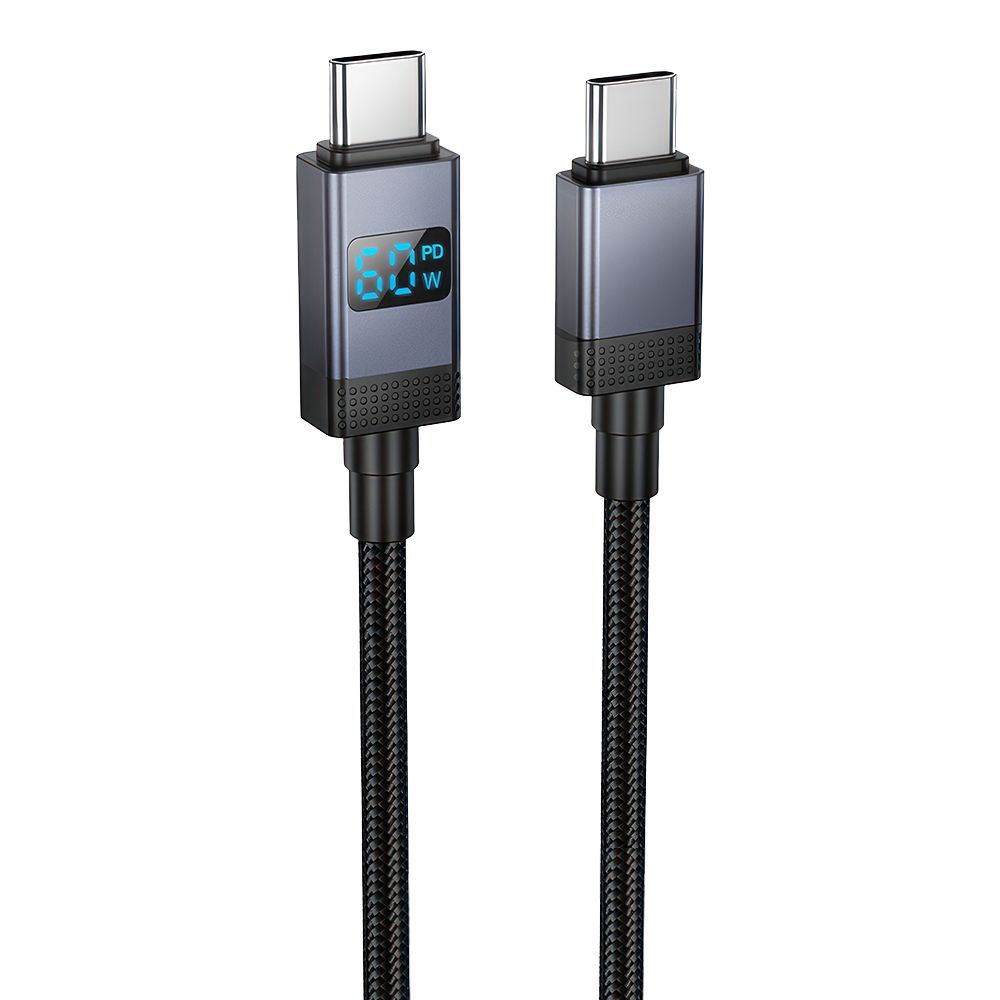 USB-C кабель HOCO X118 Generous Type-C, PD60W, LED дисплей, 1м, нейлон (черный)