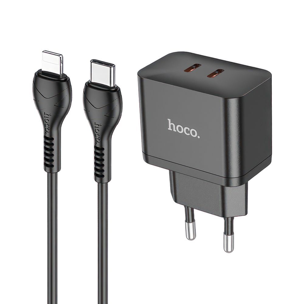 СЗУ HOCO N29 Triumph 2xUSB-C, 3А, PD35W, QC3.0, GaN + USB-C кабель Lightning 8-pin, 1 м (черный)
