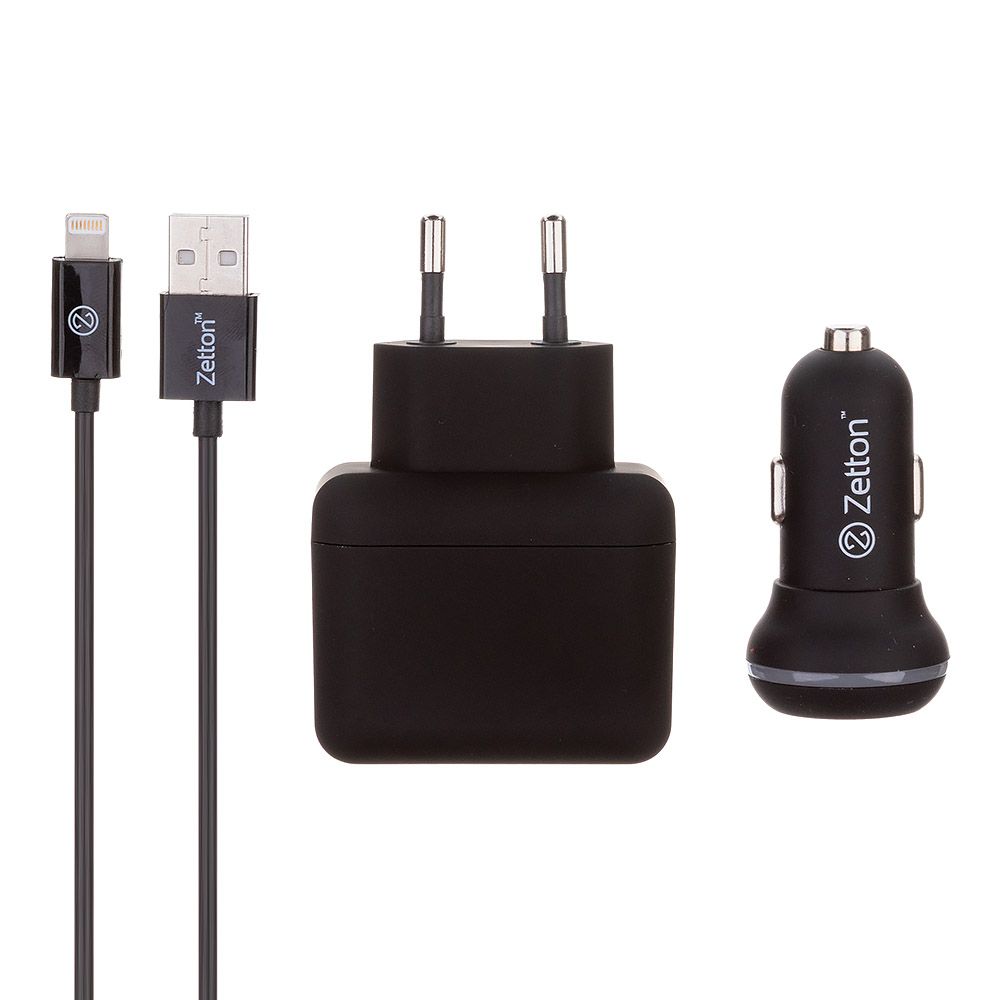 Комплект 3 в 1 АЗУ с вых. USB 2.1А + СЗУ с USB 2.4А + кабель Lightning 8-pin Zetton (ZT3IN12A1UA8)
