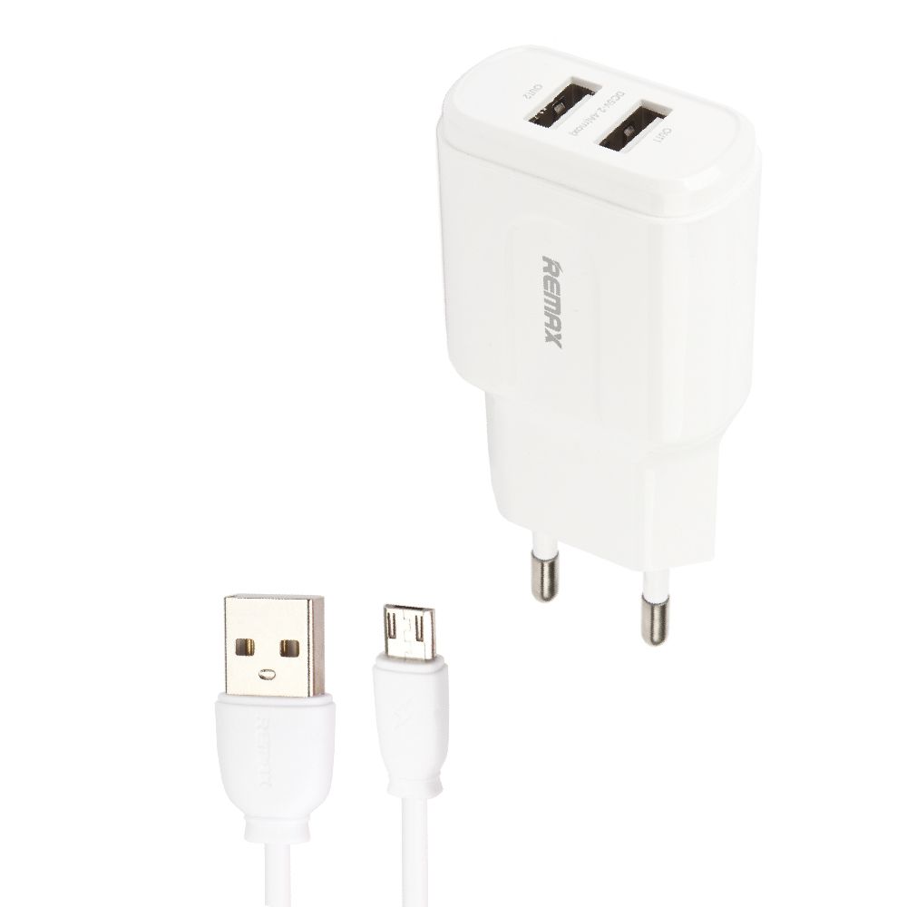 СЗУ REMAX RP-U22 2xUSB, 2.4А + кабель Micro USB, 1м (белый)