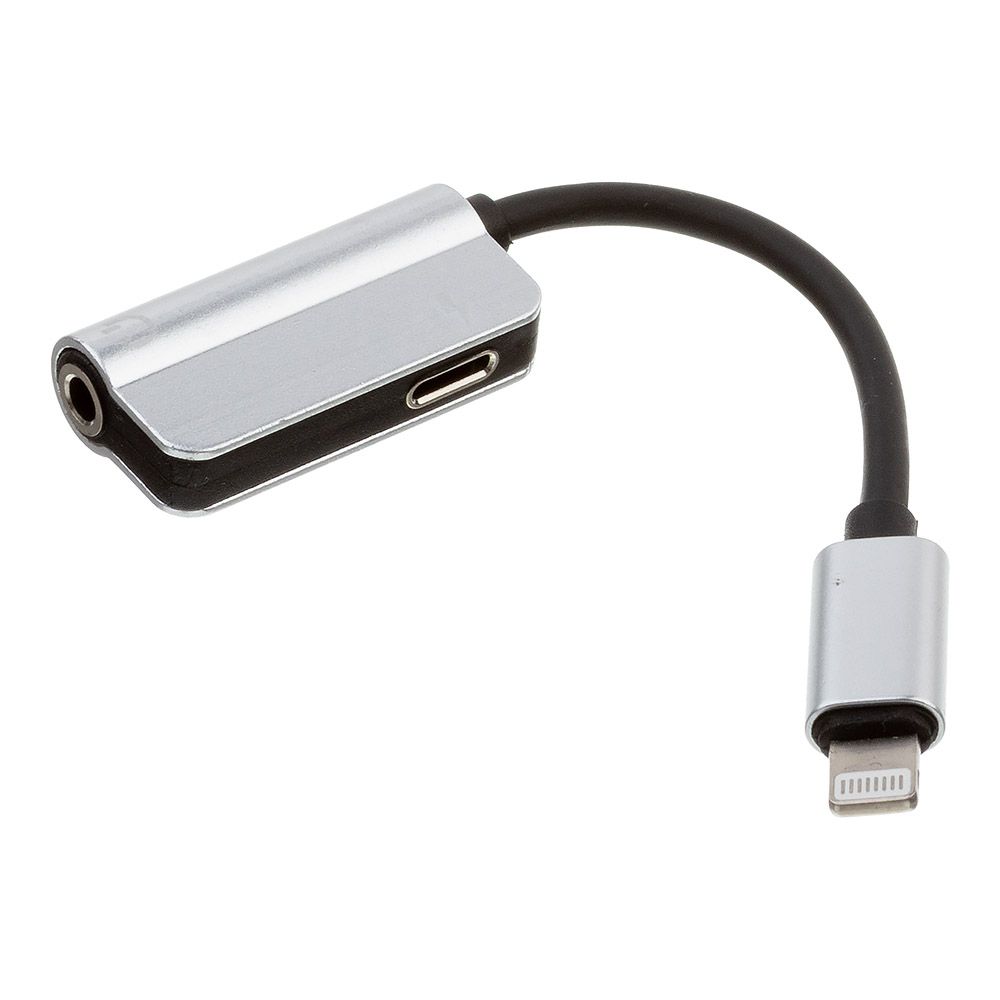 Аудио адаптер "LP" Lightning 8-pin на Lightning 8-pin/3.5мм, зарядка и аудио, 0.12м, TPE (черный/серебряный/европакет)