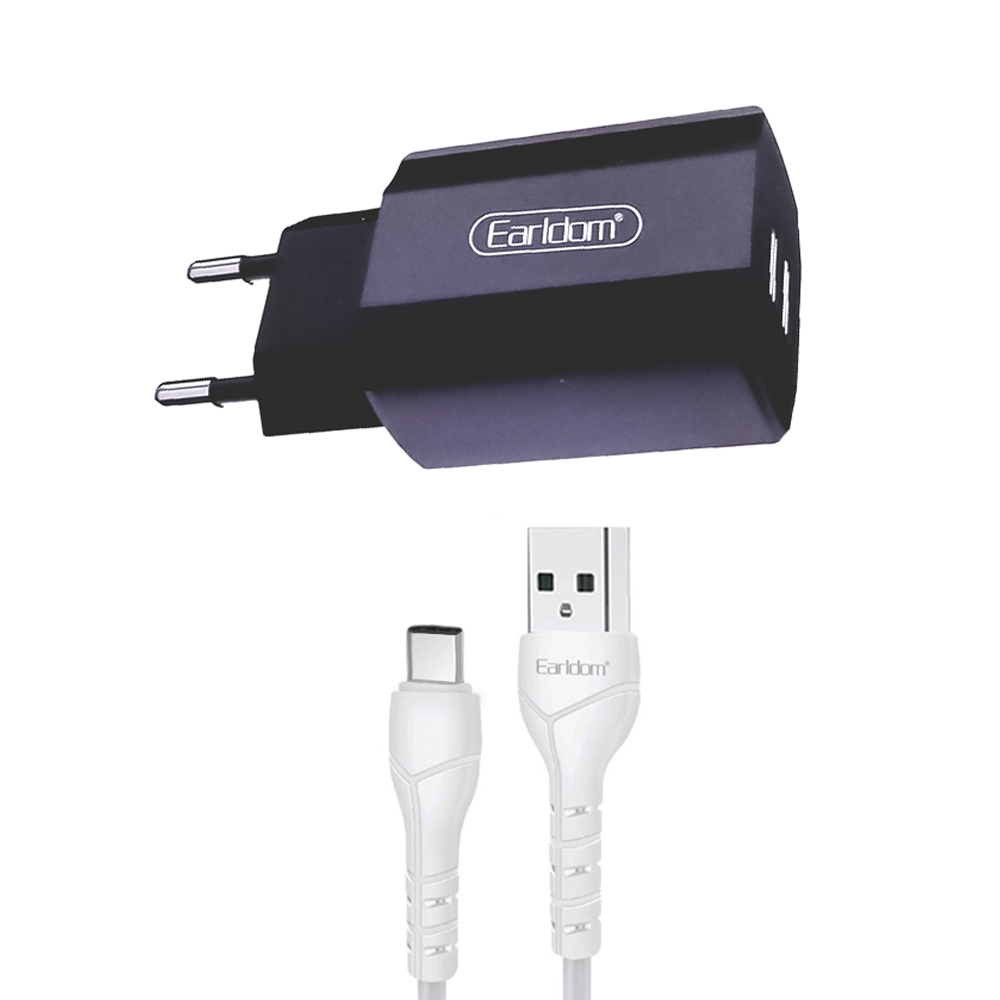 СЗУ Earldom ES-202C 2xUSB, 2.4А + кабель Type-C, 1м (черный)