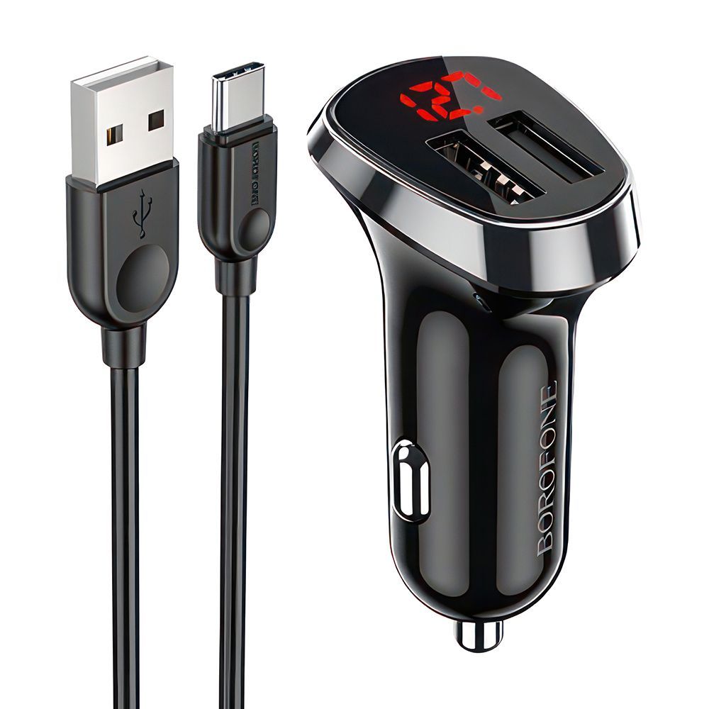 АЗУ BOROFONE BZ15 Auspicious 2xUSB, 2.4A, LED дисплей + кабель Type-C, 1м (черный)