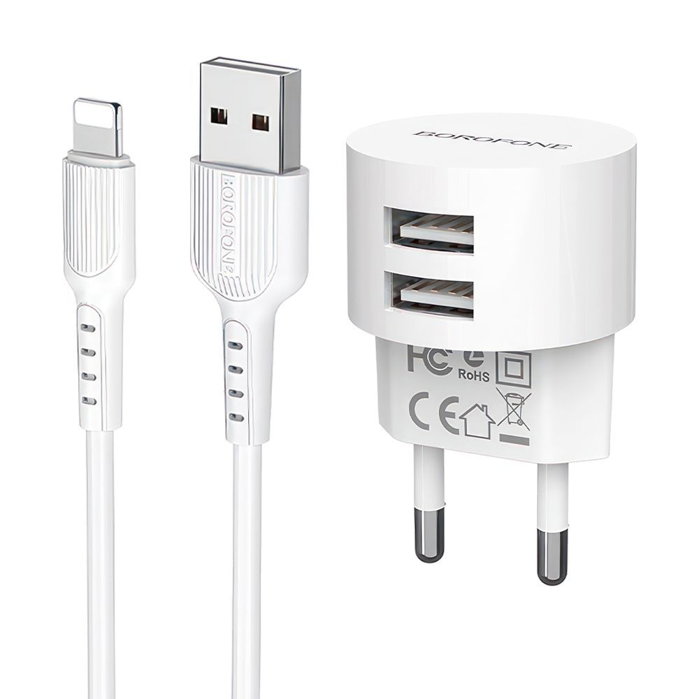СЗУ BOROFONE BA23A Brilliant 2xUSB, 2.4А + кабель Lightning 8-pin, 1м (белый)