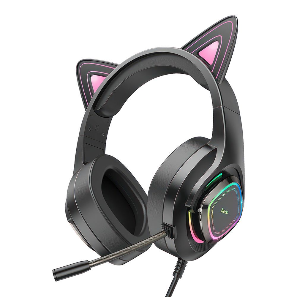 Гарнитура игровая HOCO W107 Cute Cat 3.5мм, USB, накладная, громкость +/-, +адаптер 2х3.5мм, LED, 1.2м (черный/розовый)