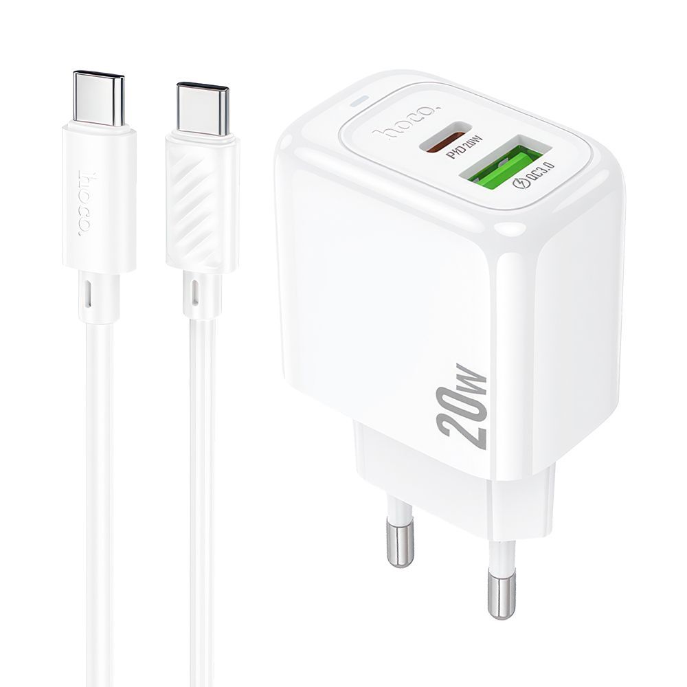 СЗУ HOCO CS54A Surplus 1xUSB, 1xUSB-C, 3А, PD20W, QC3.0 + USB-C кабель Type-C, 1м (белый)