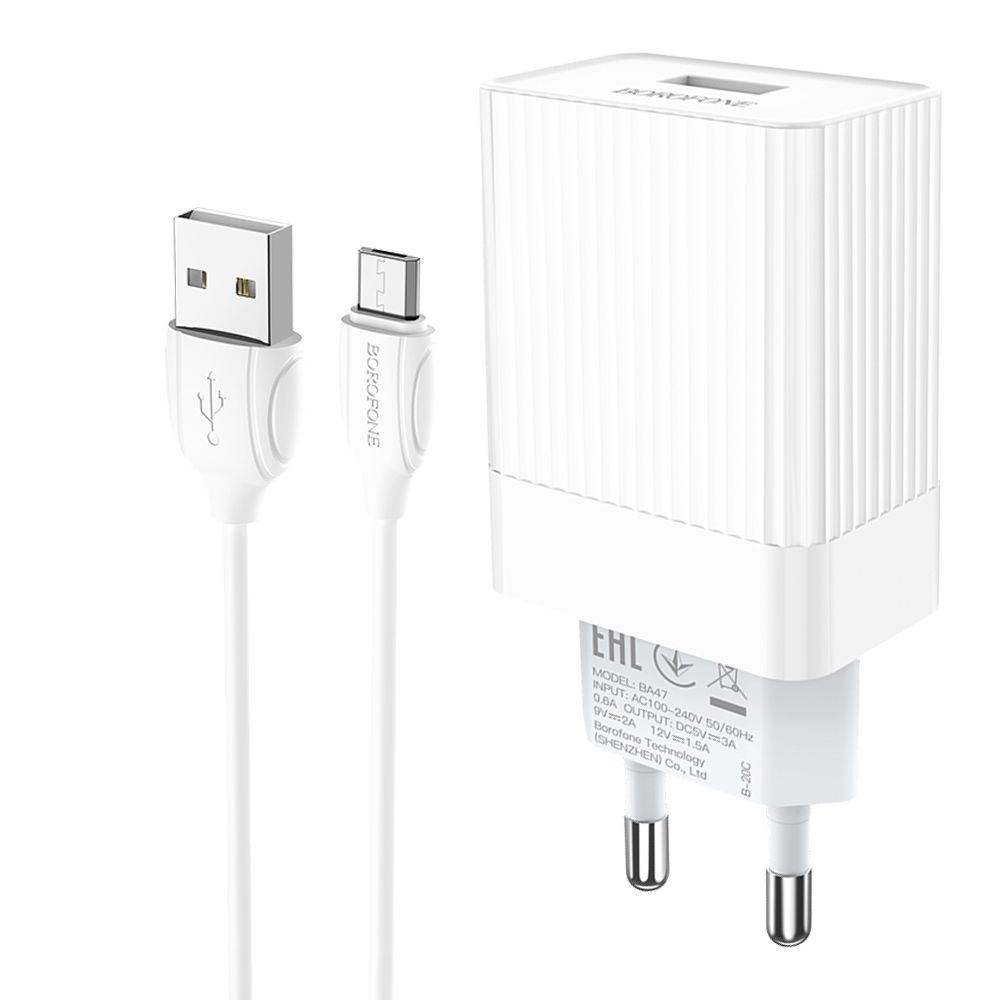 СЗУ BOROFONE BA47A Mighty Speed 1xUSB QC3.0, 18W, 3А + кабель MicroUSB, 1м (белый)