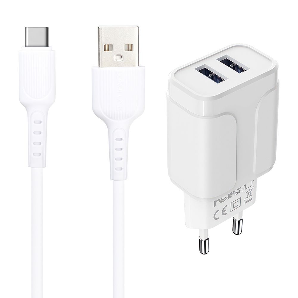 СЗУ BOROFONE BA37A Speedy 2xUSB, 2.4А + кабель Type-C, 1м (белый)