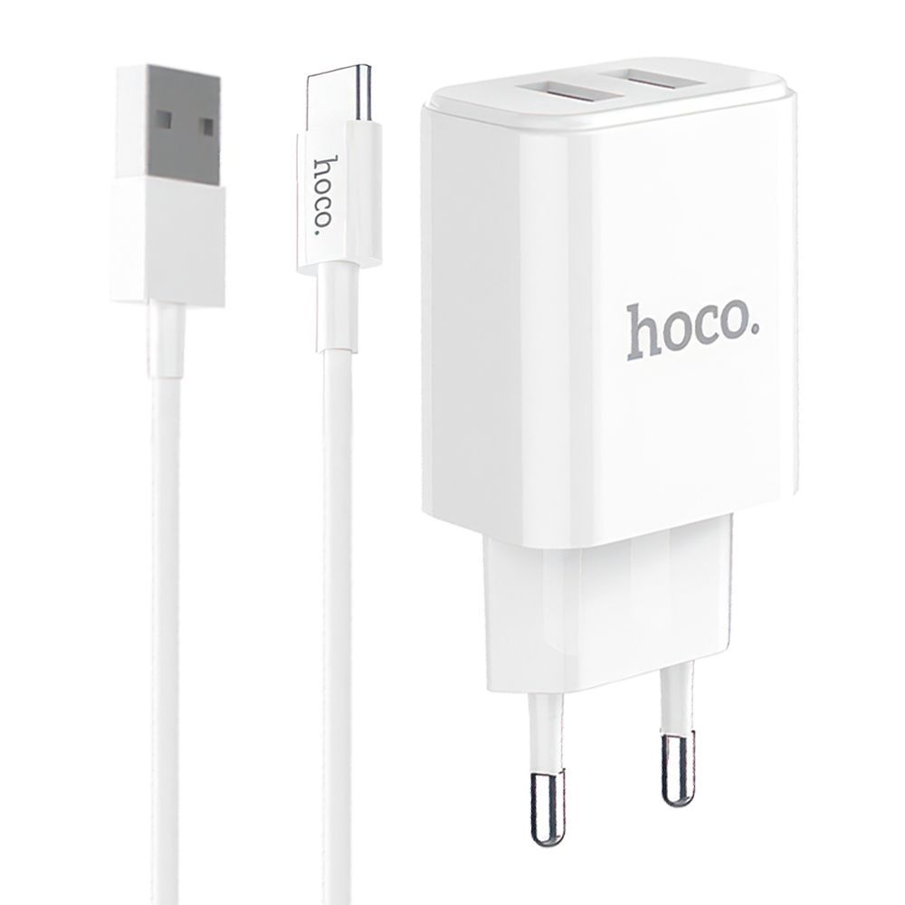 СЗУ HOCO C62A Victoria 2xUSB, 2.1А + USB кабель Type-C, 1м (белый)