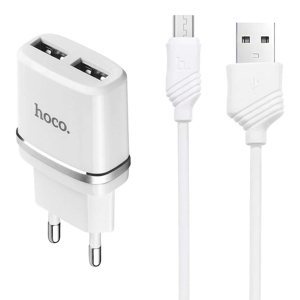 СЗУ HOCO C12 Smart 2xUSB, 2.4А + USB кабель MicroUSB, 1м (белый)