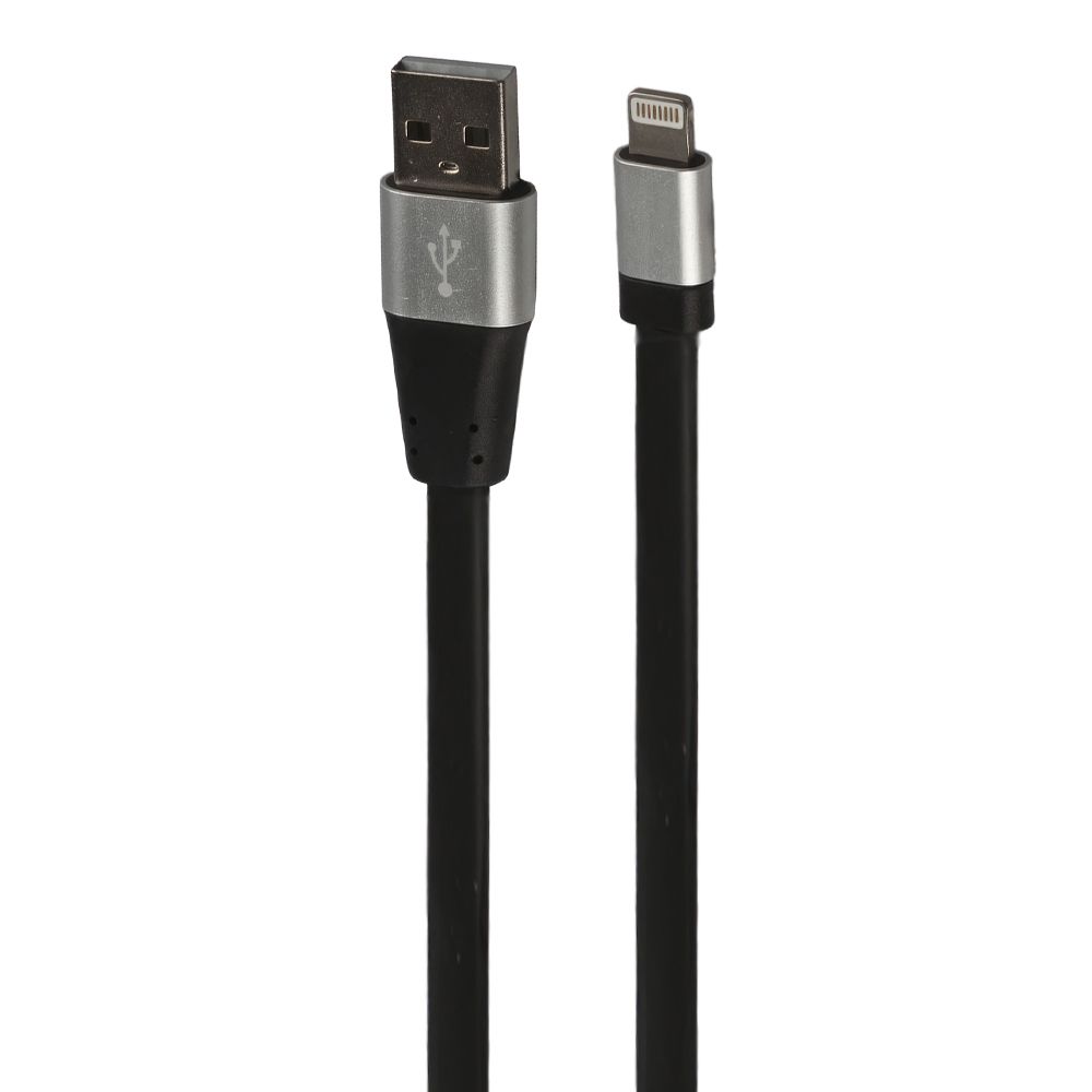 USB кабель "LP" для Lightning 8-pin плоский, металлические разъемы, 1м (черный/коробка)