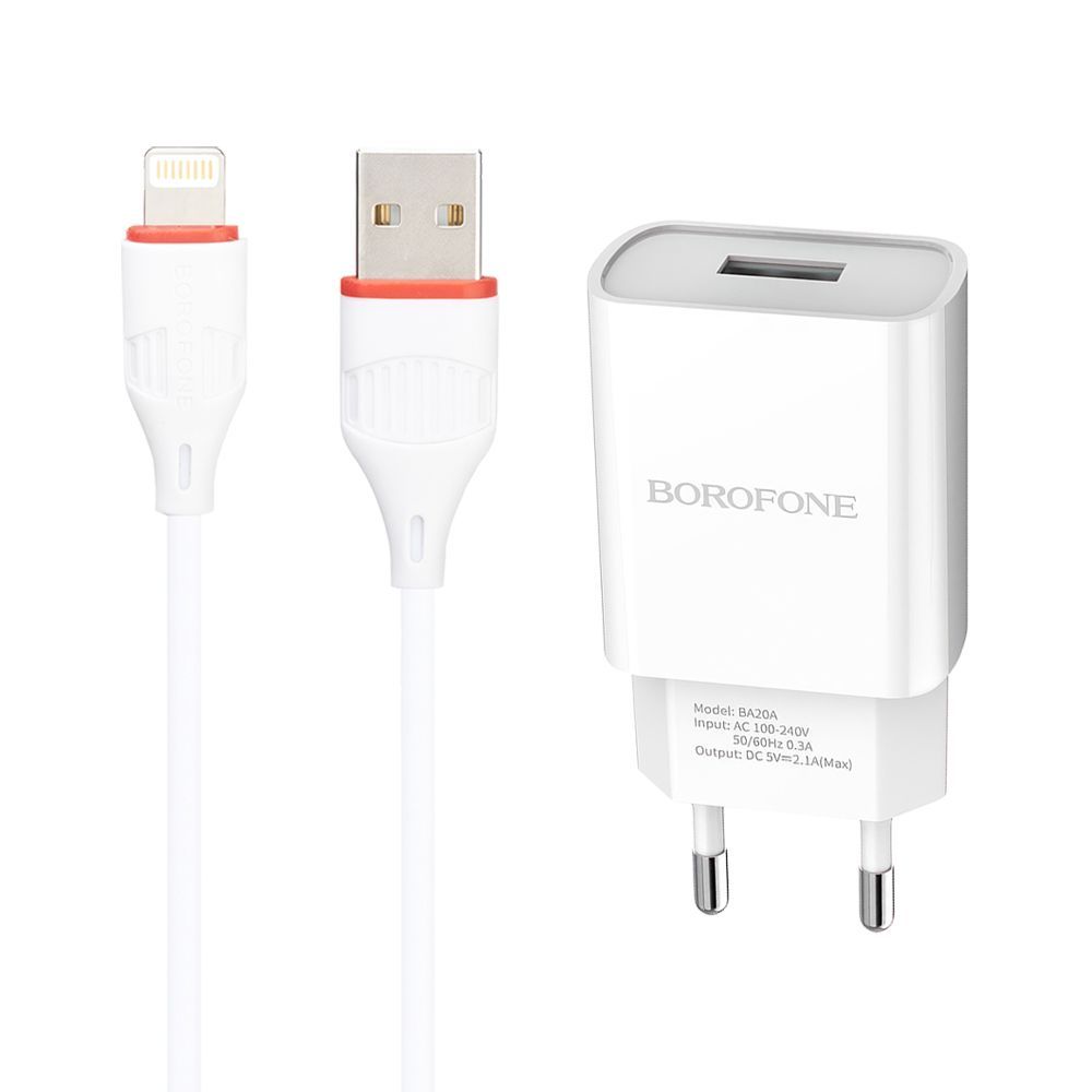СЗУ BOROFONE BA20A Sharp 1xUSB, 2.1А + кабель Lightning 8-pin, 1м (белый)