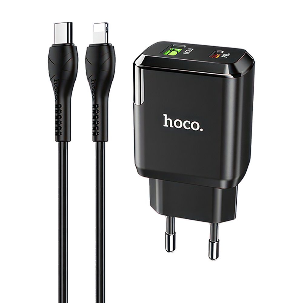 СЗУ HOCO N5 Favor 1xUSB, 1xUSB-C, 3А, PD20W, QC3.0 + USB-C кабель Lightning 8-pin, 1м (черный)