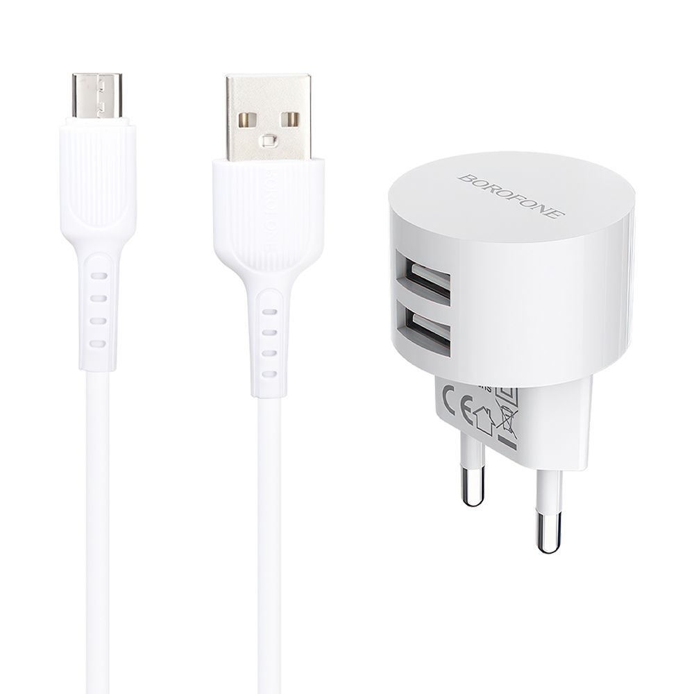 СЗУ BOROFONE BA23A Brilliant 2xUSB, 2.4А + кабель MicroUSB, 1м (белый)