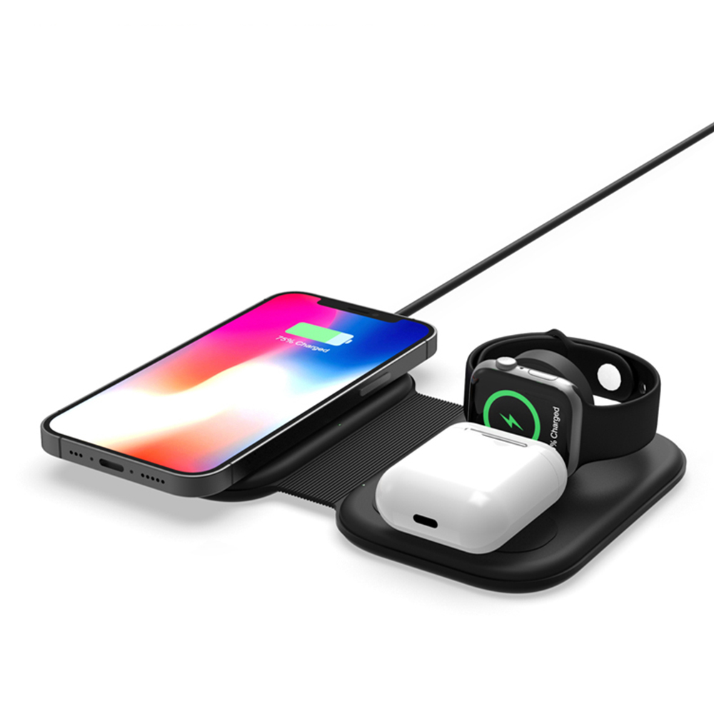 Беспроводное ЗУ для смартфона, iWatch, TWS, 3в1 (черный/коробка)