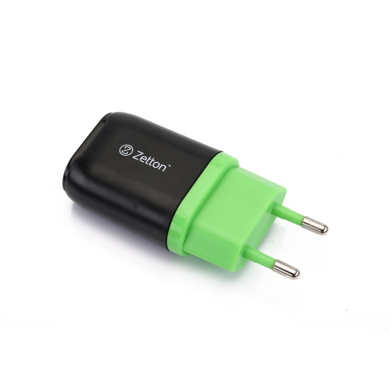 Сетевое зарядное устройство (СЗУ) с выходом USB ток зарядки 1А черное с зеленой вставкой Zetton ZTLSTC1A1UBG