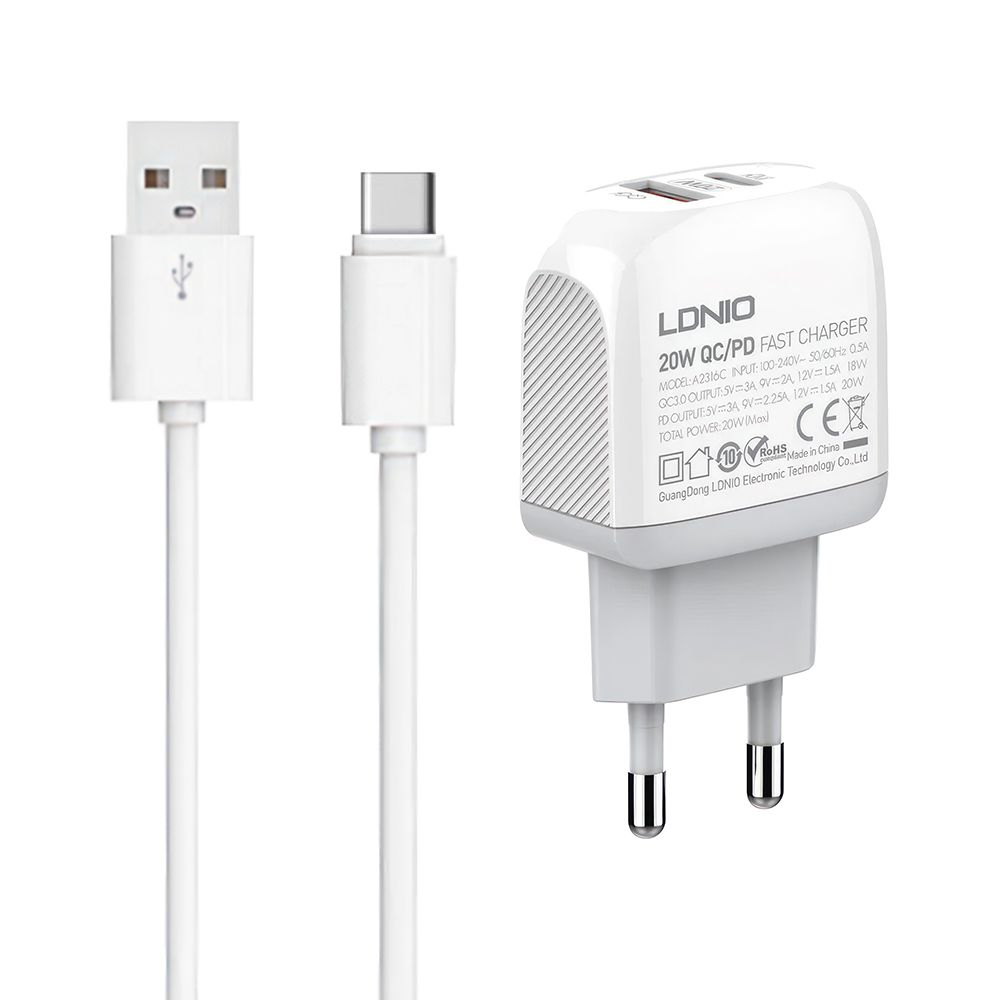 СЗУ LDNIO A2316C 1xUSB, 1xUSB-C, 3А, PD20W, QC3.0 + USB кабель Type-C, 1м (белый)
