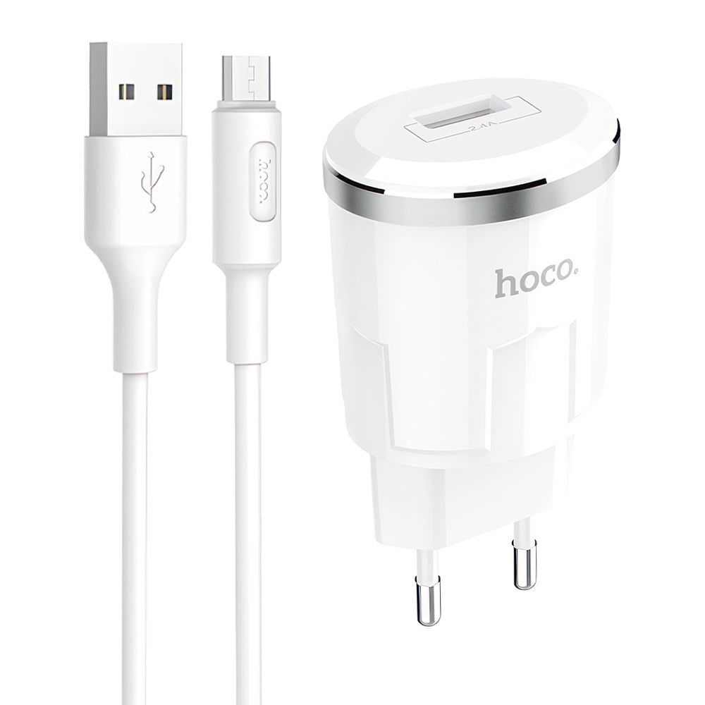 СЗУ HOCO C37A Thunder Power 1xUSB, 2.4А + USB кабель MicroUSB, 1м (белый)