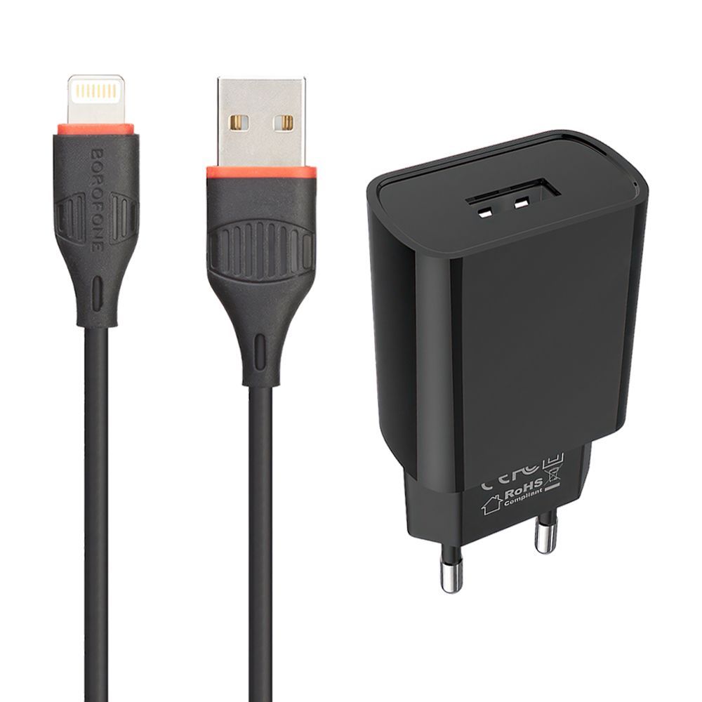 СЗУ BOROFONE BA20A Sharp 1xUSB, 2.1А + кабель Lightning 8-pin, 1м (черный)