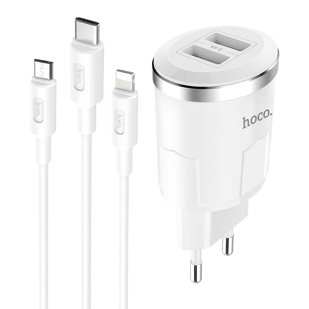 СЗУ HOCO C38A Thunder Power 2xUSB, 2.4А + USB кабель Lightning 8-pin/Type-C/MicroUSB, 1.1м (белый)