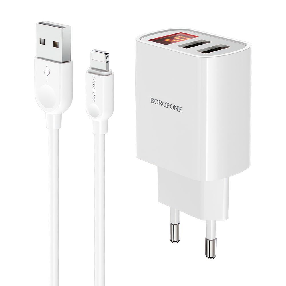 СЗУ BOROFONE BA58A Mighty 2xUSB, 2.4А, LED дисплей + кабель Lightning 8-pin, 1м (белый)