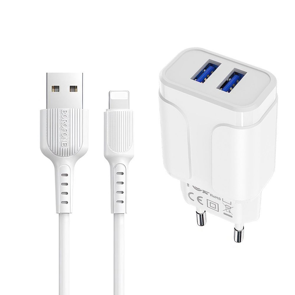 СЗУ BOROFONE BA37A Speedy 2xUSB, 2.4А + кабель Lightning 8-pin, 1м (белый)