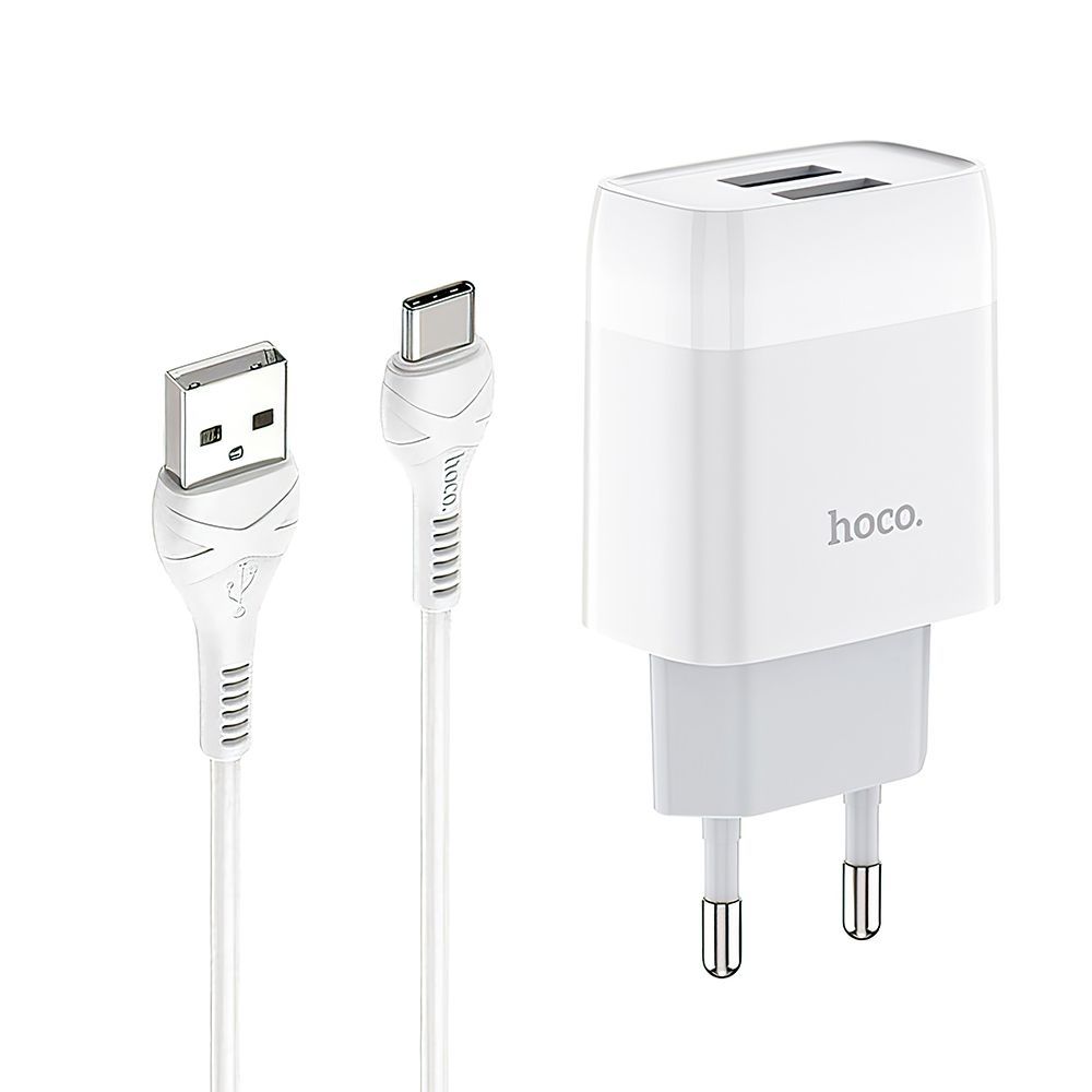 СЗУ HOCO C73A Glorious 2xUSB, 2.4А + USB кабель Type-C, 1м (белый)