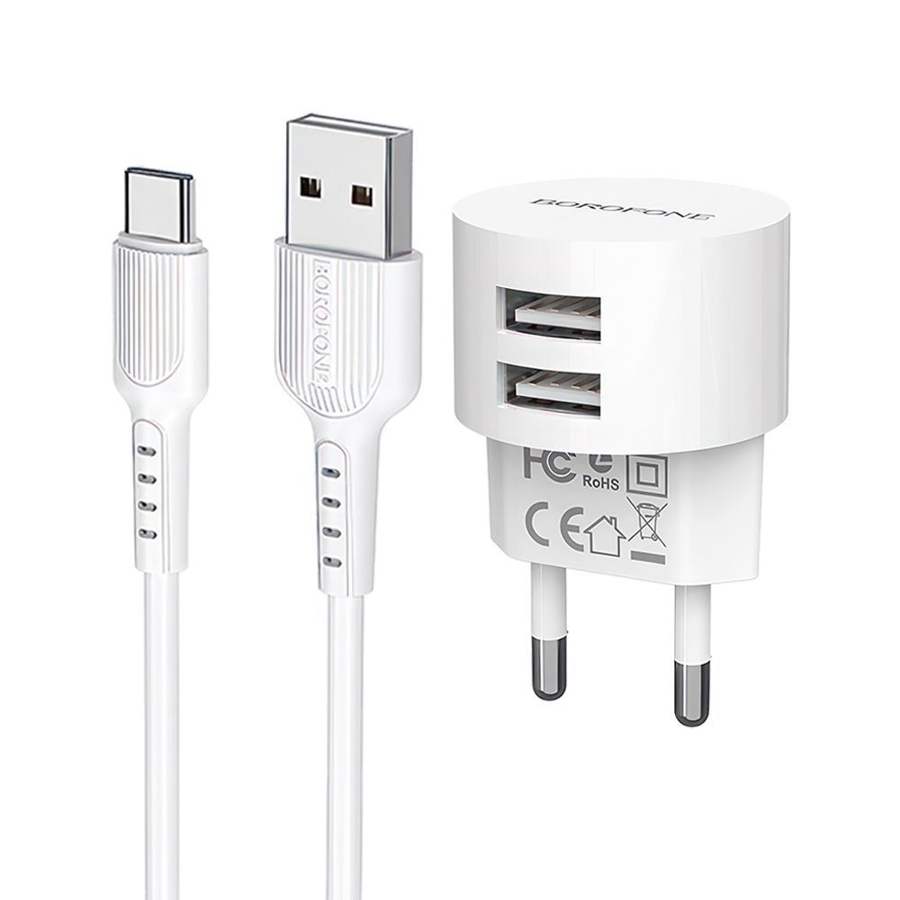 СЗУ BOROFONE BA23A Brilliant 2xUSB, 2.4А + кабель Type-C, 1м (белый)