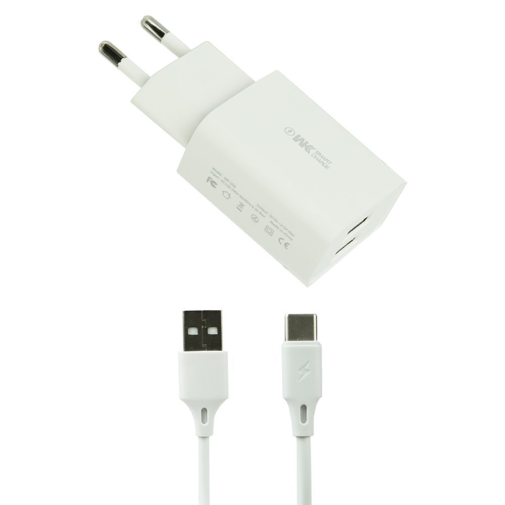 СЗУ WK Maxspeed WP-U56a 2xUSB, 2А + кабель Type-C, 1м (белый)