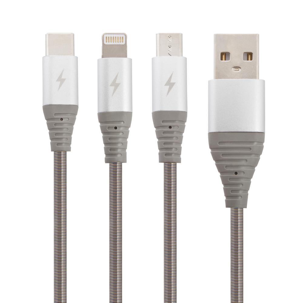 USB кабель WK WDC-095 Kingkong Lightning 8-pin/MicroUSB/Type-C, 3А, 3в1, 1.2м, металл (серебрянный)