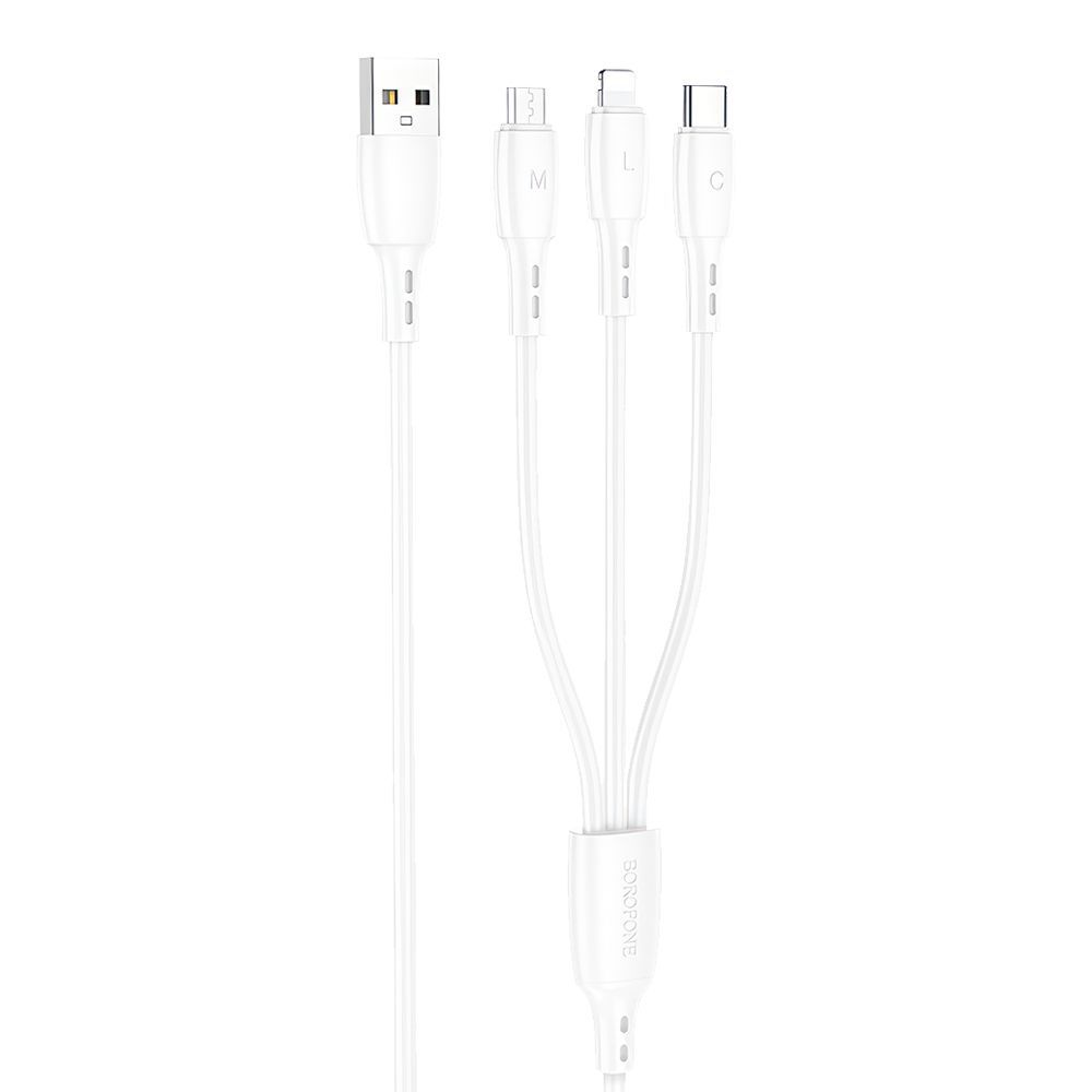 USB кабель BOROFONE BX71 Lightning 8-pin/MicroUSB/Type-C, 3в1, 1м, PVC (белый)