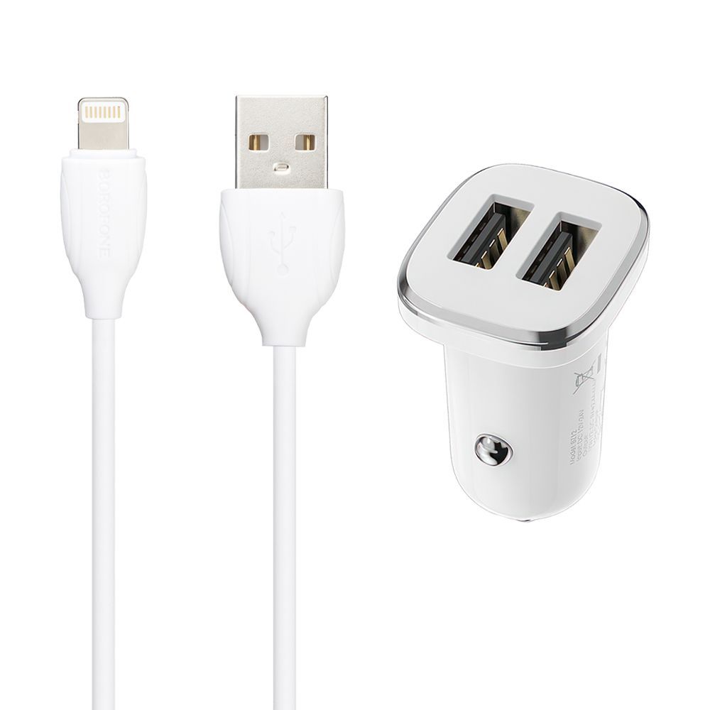 АЗУ BOROFONE BZ12 Lasting Power 2xUSB, 2.4A + кабель Lightning 8-pin, 1м (белый)