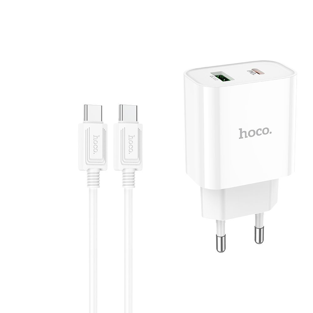 СЗУ HOCO C80A Plus Rapido 1xUSB, 1xUSB-C, 3А, PD20W, QC3.0 + USB-C кабель Type-C, 1м (белый)